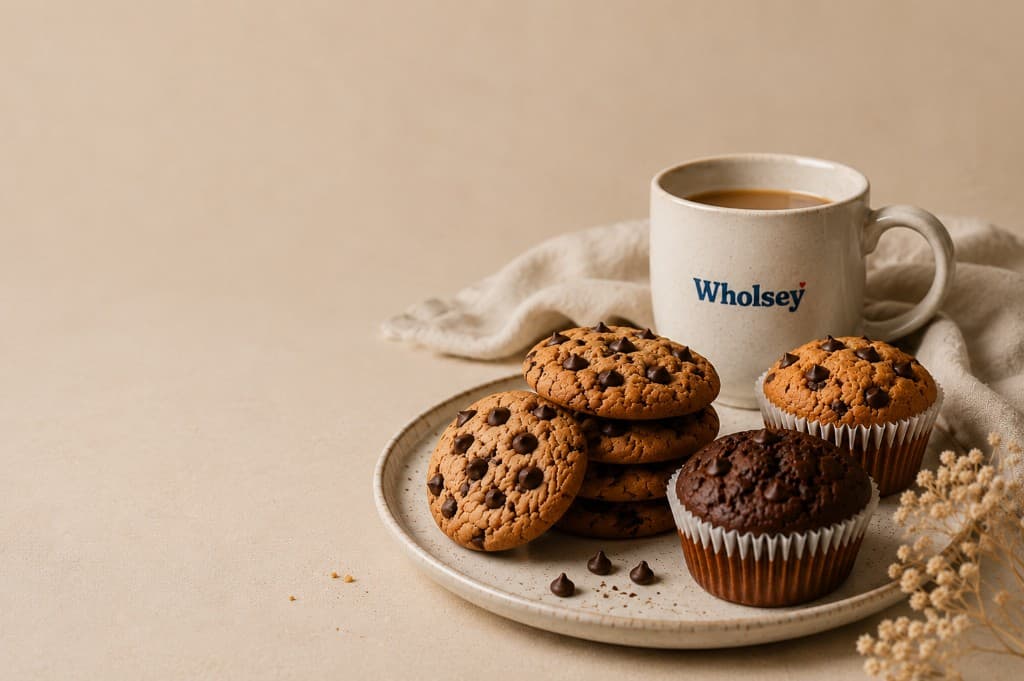Wholsey wholesome treats — cookies and mini muffins with coffee